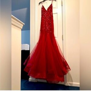 Jovani Red Sequin Lace Evening Gown